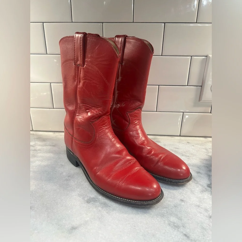 Justin L3055 Womens 7 B Red Leather Round Toe Ropers Western Cowboy Boots - Picture 1 of 8